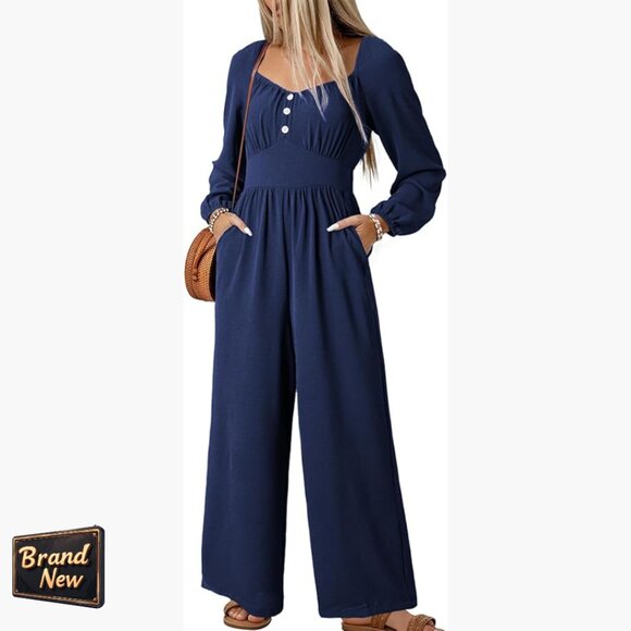 Long Sleeve Square Neck Jumpsuit with Pockets Relaxed Fit Polyester